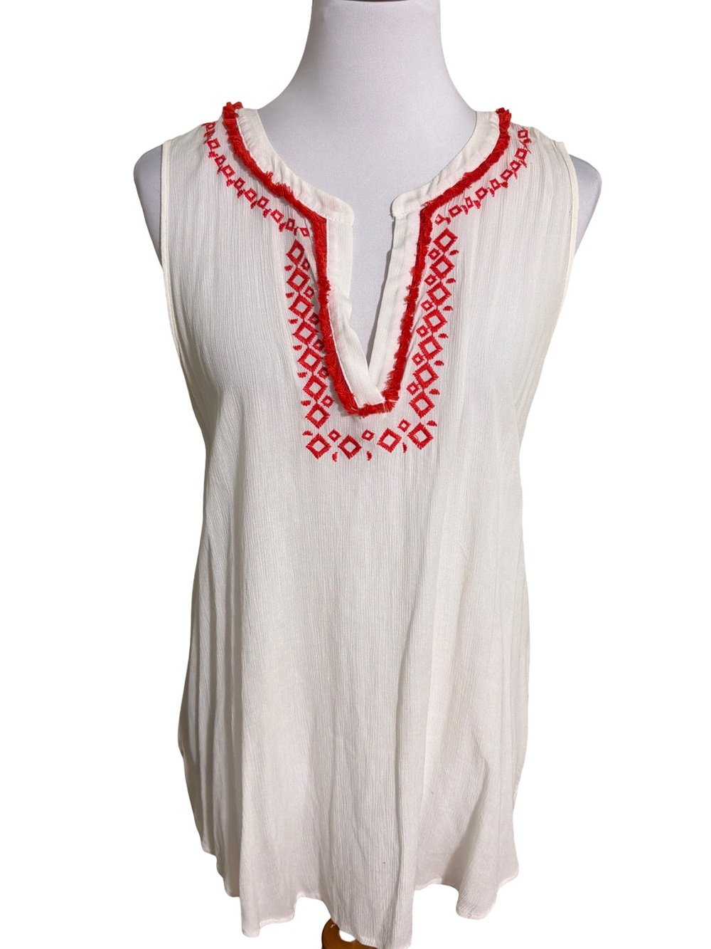 LOFT White Sleeveless Tunic with Red Embroidered V-Neck